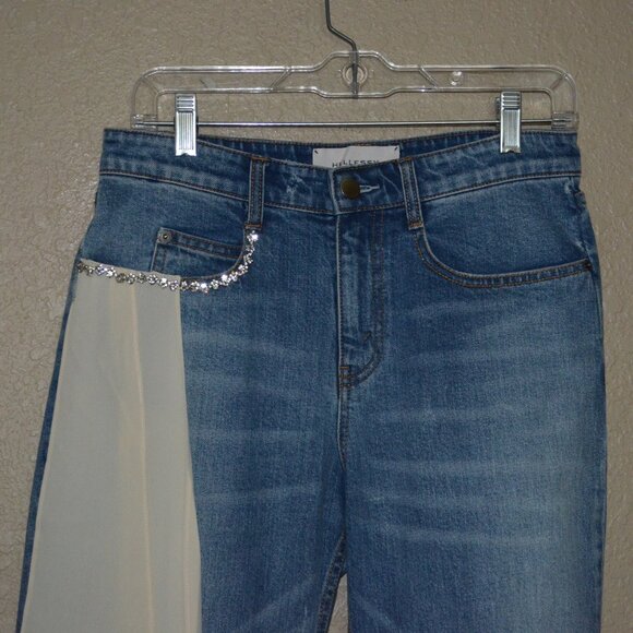 Sz 4 Hellessy Silk Cream Tie Sash Jewel Detail Denim Blue Jeans - Picture 3 of 11